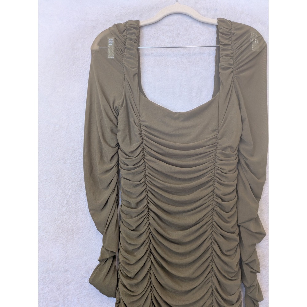 SHEIN Bodycon Dress Women's Size 6 Olive Green Ruched Mesh Square Neck Midi - Picture 4 of 9